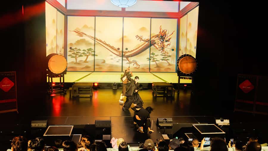 OSAKA NIGHT FUSION Japanese Taiko Kabuki Samurai Dance Show - Getting to Tempo Harbor Theater
